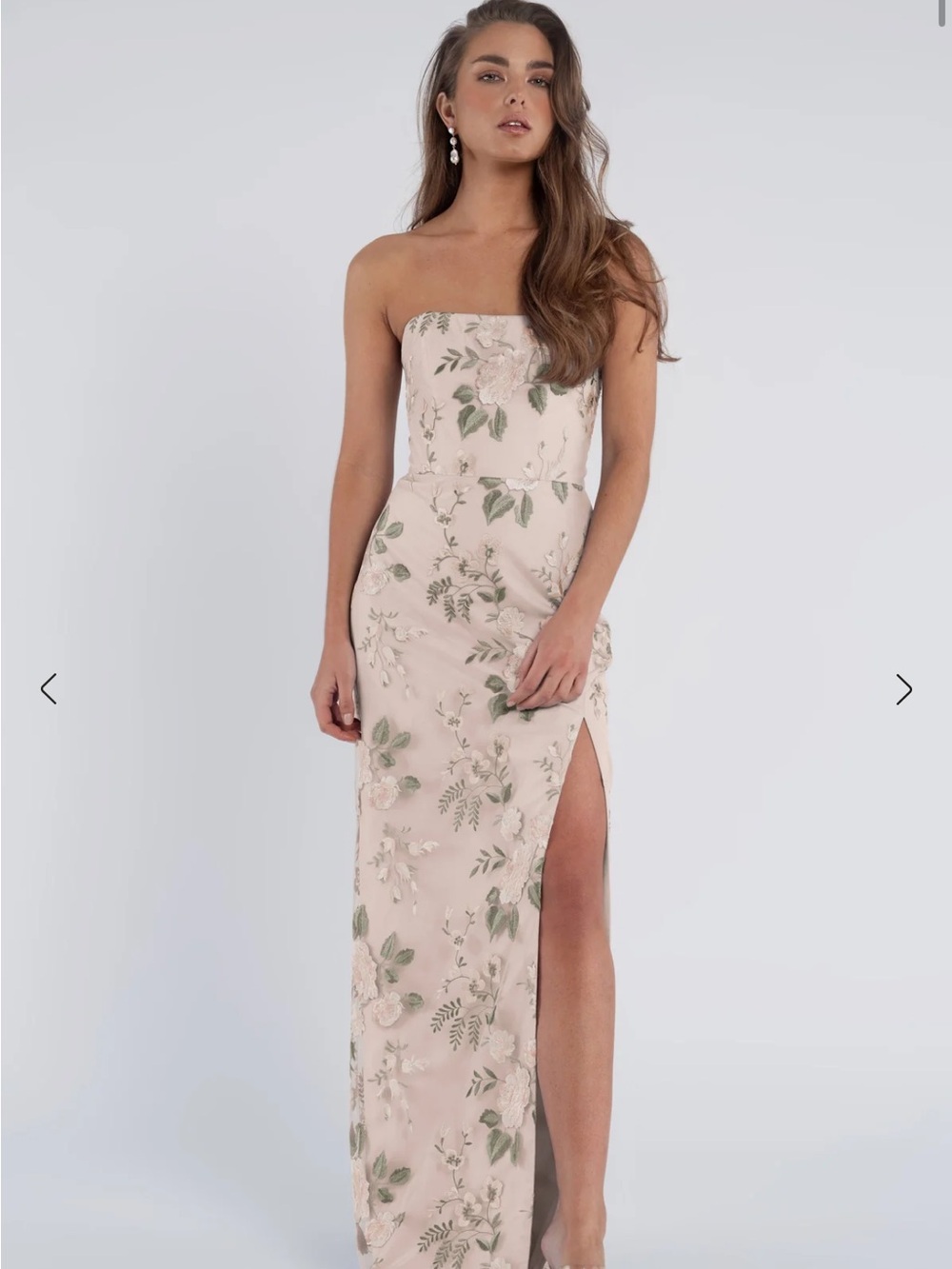 Jenny Yoo Strapless Floral Embroidered Gown in Blush and Sage